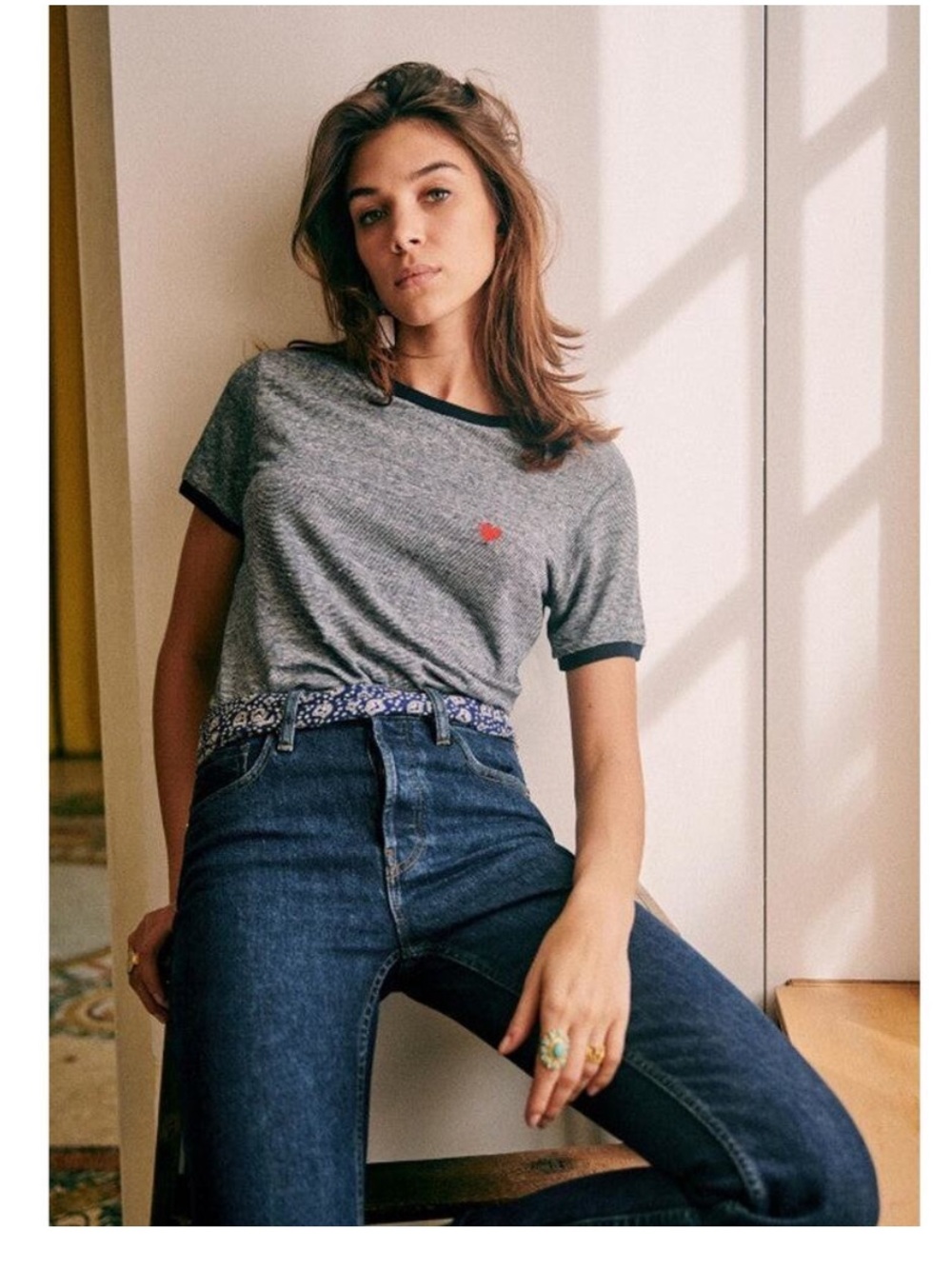 Sezane Valentina Short Sleeve Linen T-Shirt Ecru / Navy Size XL